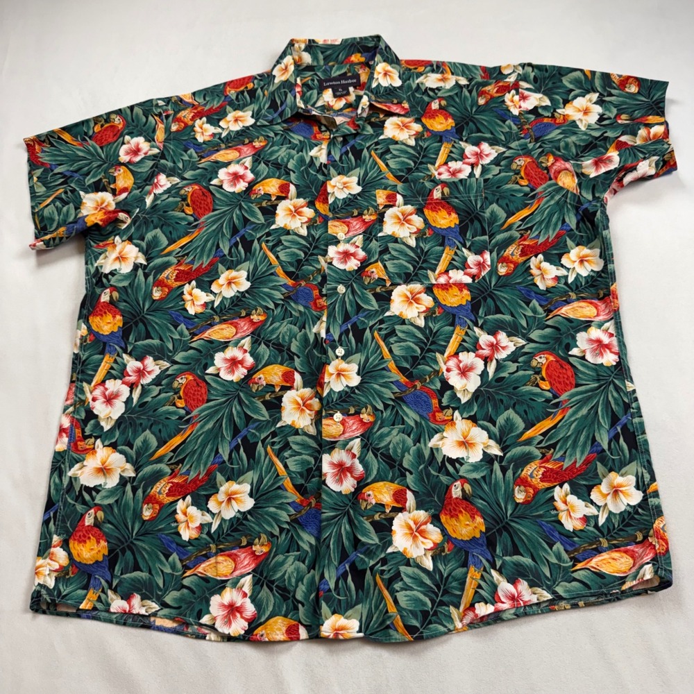 VTG Lawton Harbor Hawaiian Shirt Mens XL USA Made Parrot Tropical Hibiscus 90's